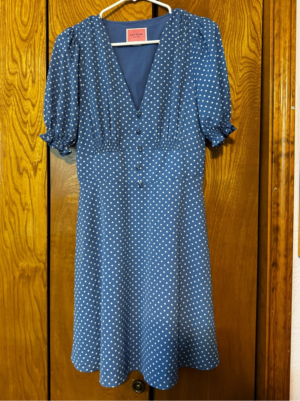 kate spade Blue Polka Dot V-Neck Puff Sleeve Dress